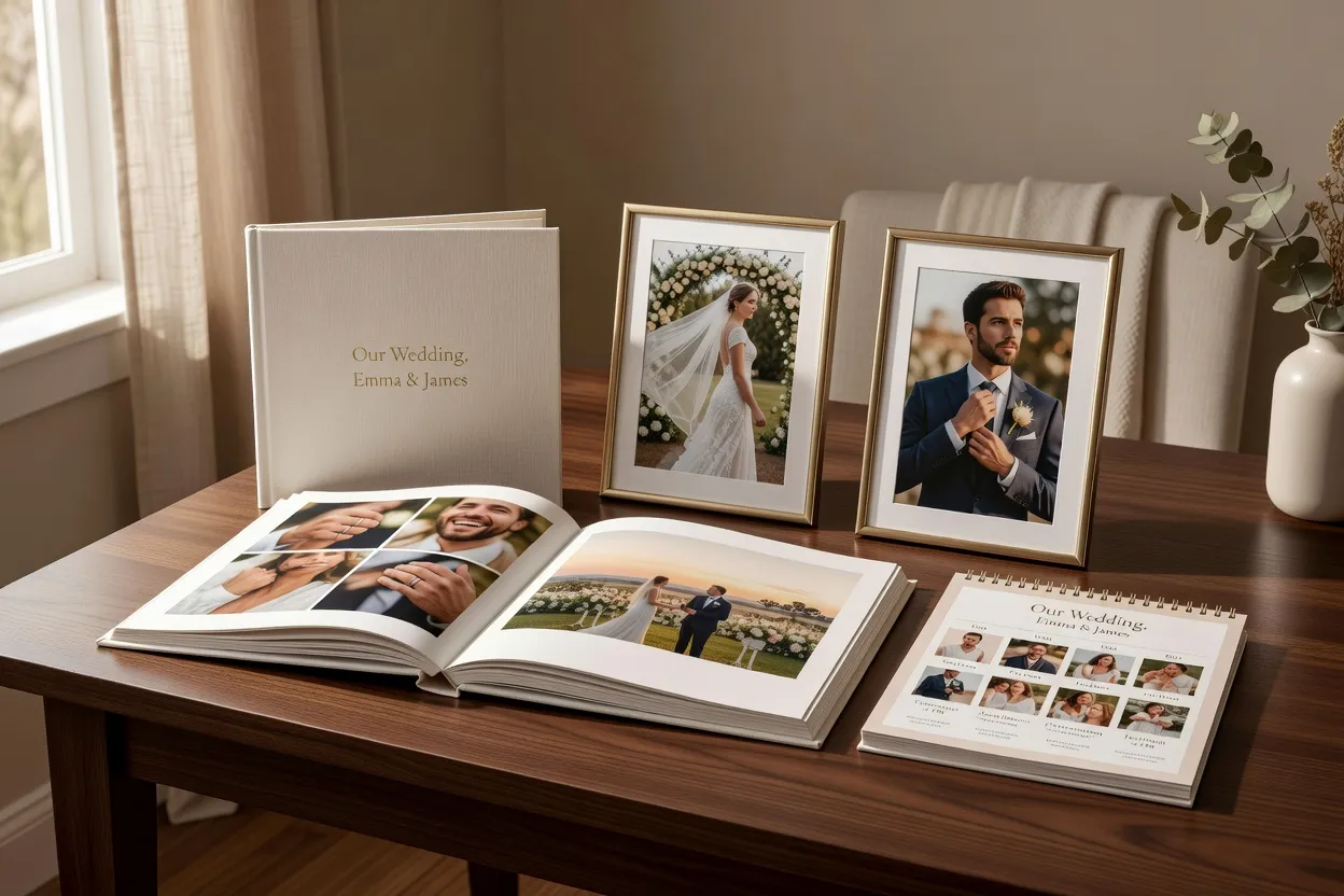 Cadeaux photo personnalisés après un mariage : livre photo, tirages encadrés et objets déco